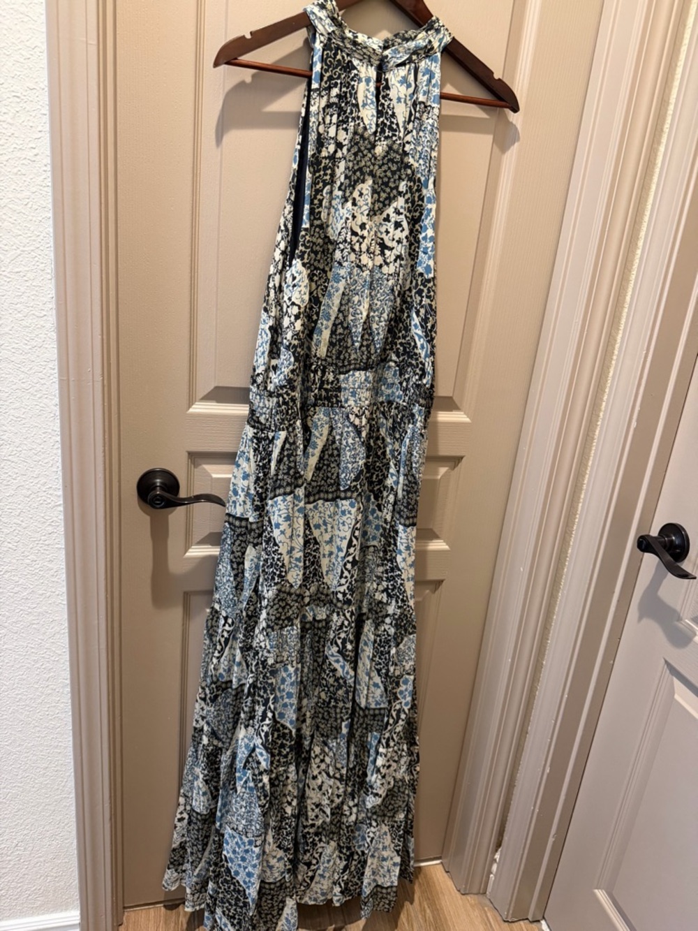 Anthropologie Printed Halter Maxi Dress in Blue, Black, and White